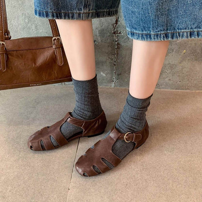 soft sheepskin hollow round toe roman flat sandals for  03