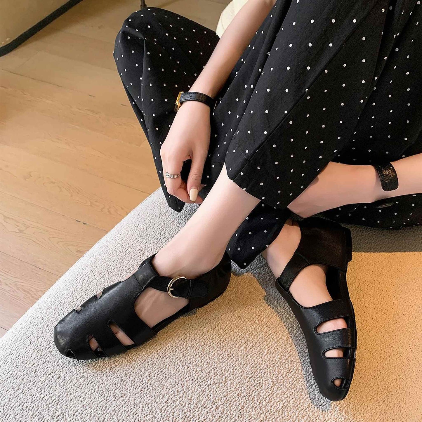 soft sheepskin hollow round toe roman flat sandals for  08