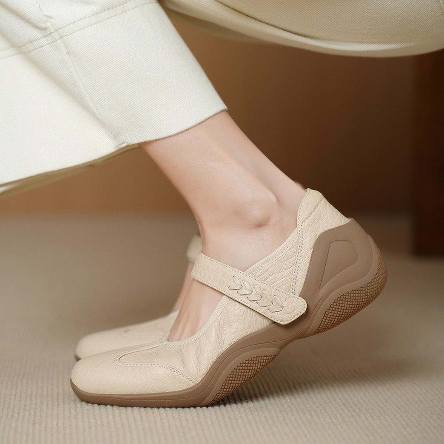 soft sheepskin thick soled round toe mary jane flats fo 01