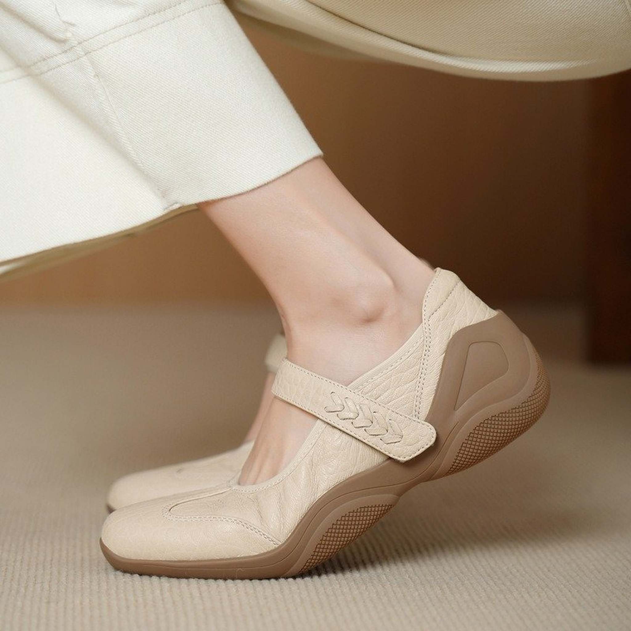 soft sheepskin thick soled round toe mary jane flats fo 01