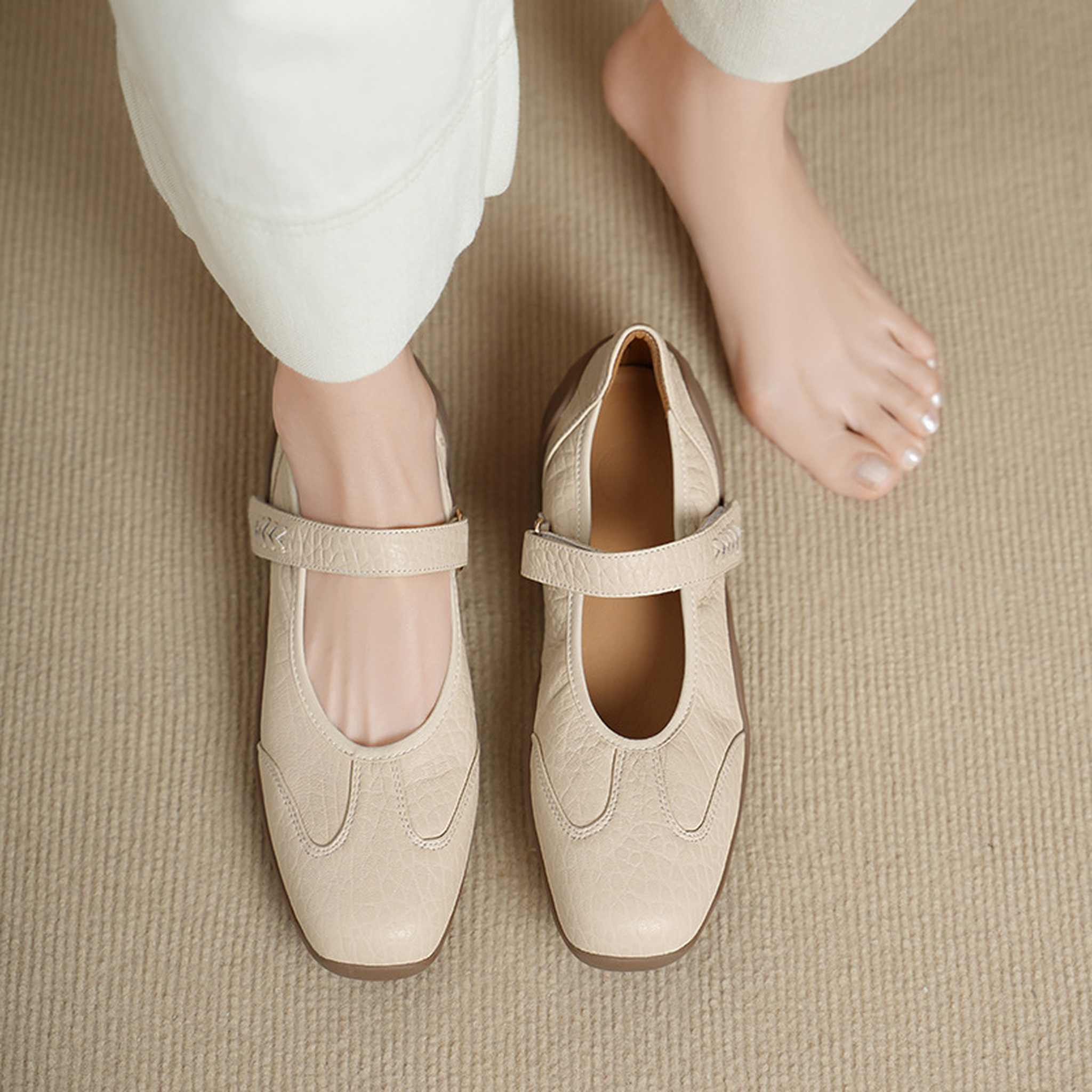 soft sheepskin thick soled round toe mary jane flats fo 09