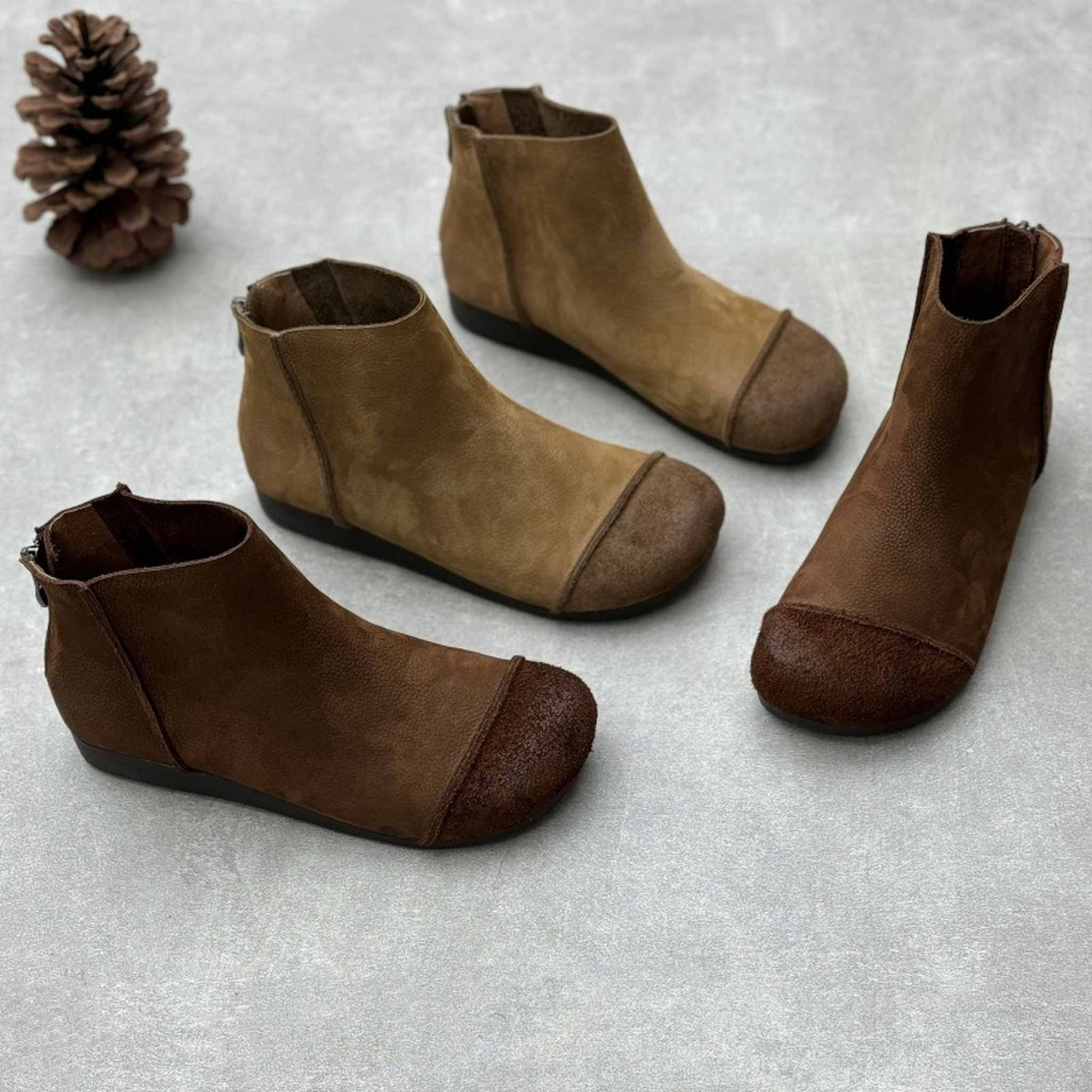 vintage handmade round toe flat sole leather ankle boot 01