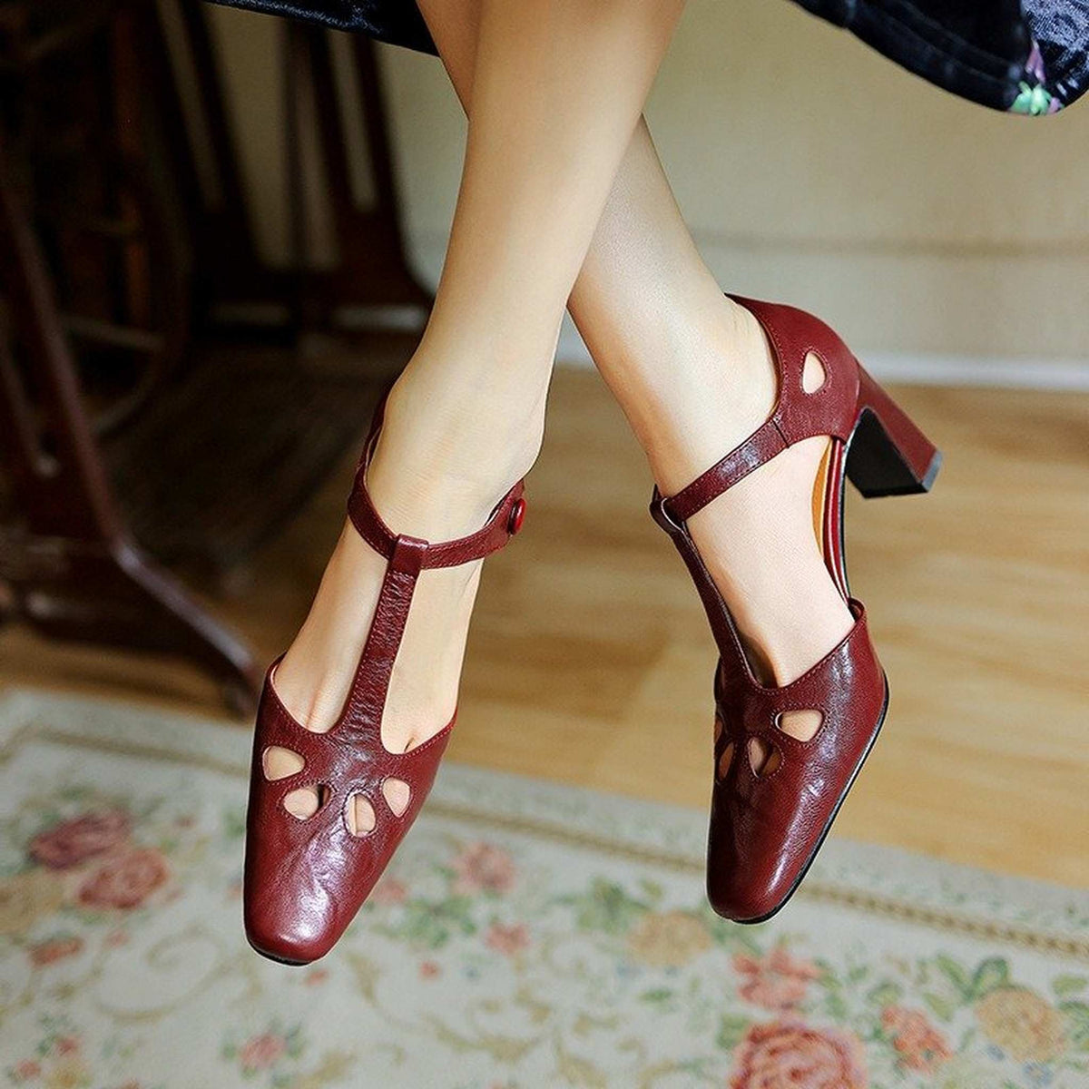 vintage sheepskin square hollow block heel sandals for  06