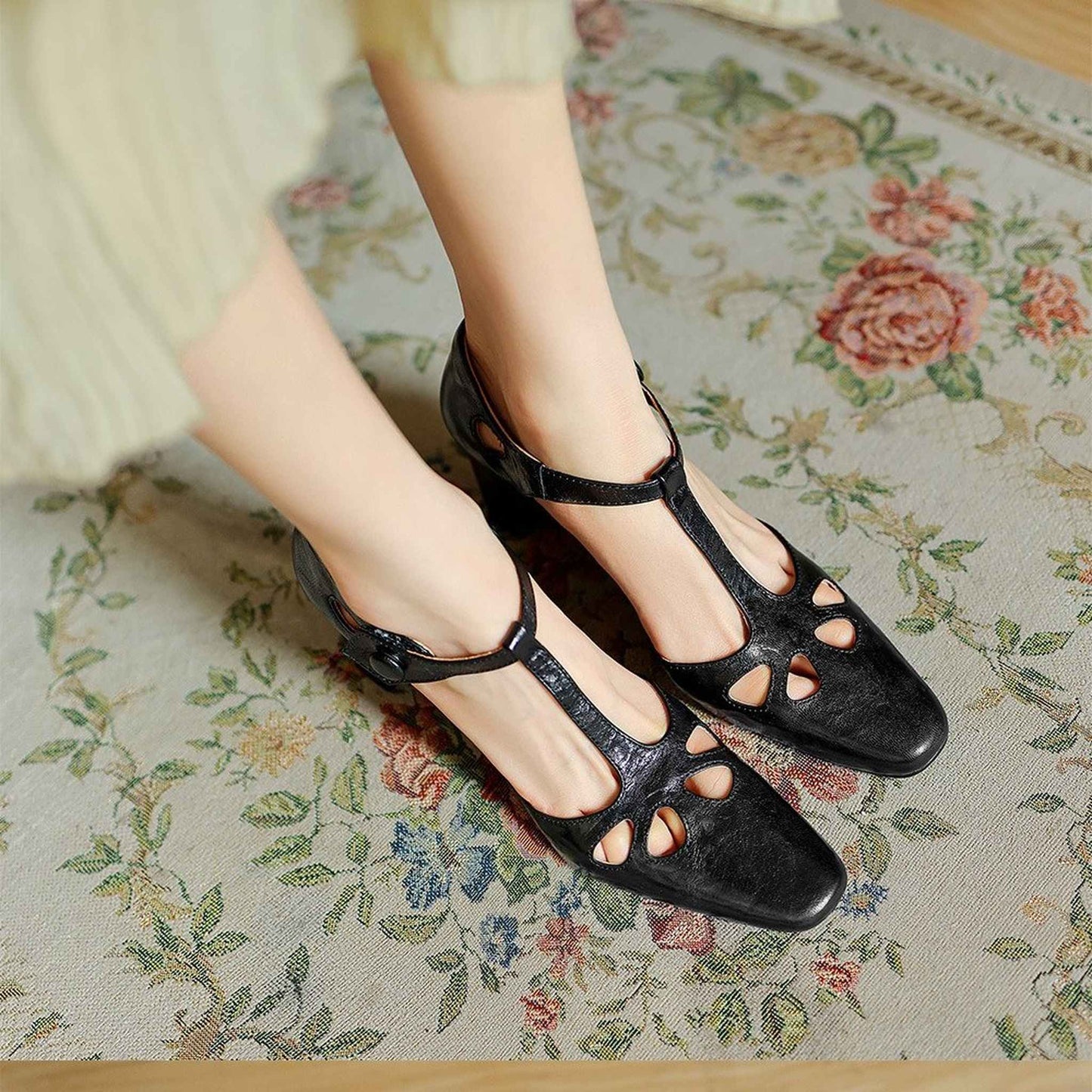 vintage sheepskin square hollow block heel sandals for  08