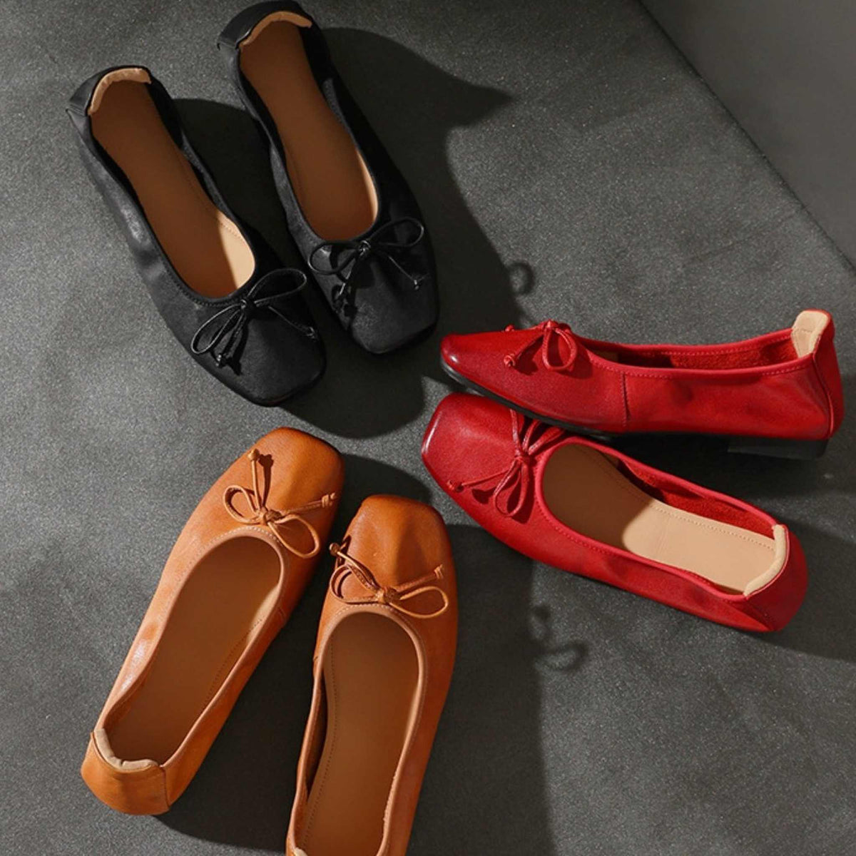 Women's Cowhide Square-Toe Shallow Soft-Sole Bowknot Flats for Autumn in 琥珀黄/Black/Rustic Red 08